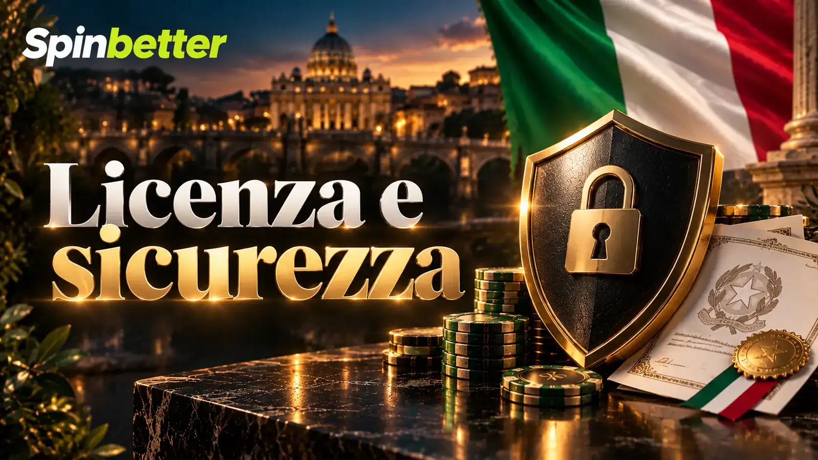 Schermata su licenza e sicurezza del casinò SpinBetter con scudo e lucchetto